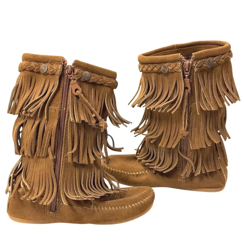 Minnetonka Moccasin Boots 3 Layer Fringe Kid Girl 2 Brown Suede Zip Up  10